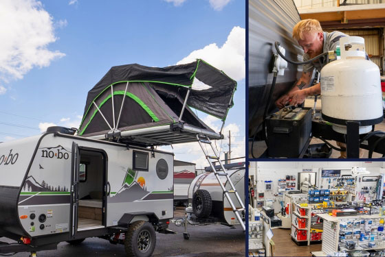 A collage showing a camper trailer with an open rooftop tent, a mechanic working on a propane tank, and an indoor store area with shelves of RV supplies.
