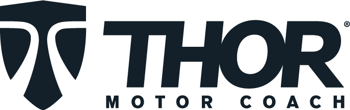 thor-logo Logo for Thor Motor Coach, featuring a stylized shield-like emblem to the left and bold, uppercase text "THOR MOTOR COACH" to the right. The design is in dark blue.