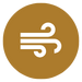 A white wind or air flow icon with three curved lines on a brown circular background.
