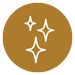 A brown circle with three white, four-pointed star-like sparkle icons inside, symbolizing cleanliness or something shining.