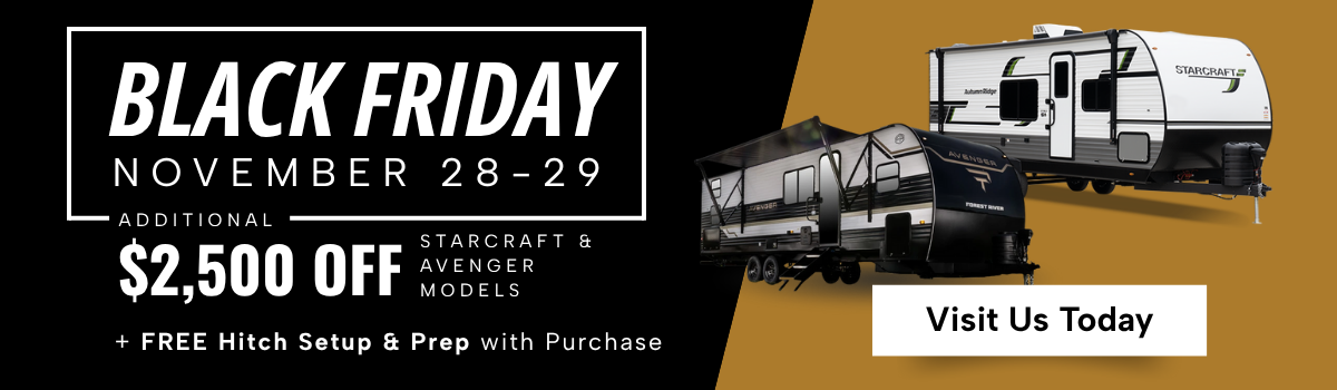 black-friday-mobile Black Friday sale ad offering $2,500 off Starcraft and Avenger RV models, plus free hitch setup and prep with purchase. Features images of two RVs and a “Visit Us Today” button. Event dates: November 28–29.