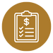 A white clipboard icon with a dollar sign and checklist, displayed on a brown circular background.