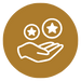 A white outline of a hand holding two coins, each with a star in the center, on a brown circular background.